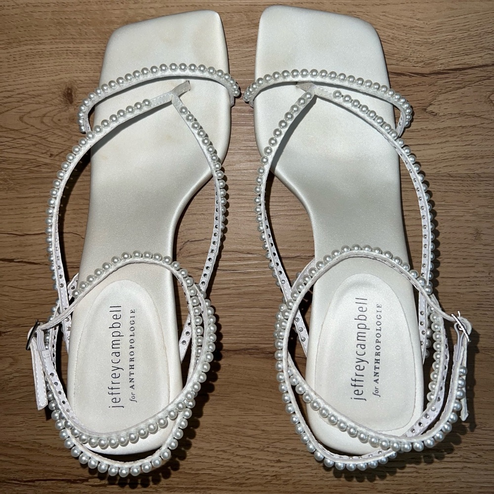 Jeffrey Campbell Pearl-Embellished White Strappy Heels